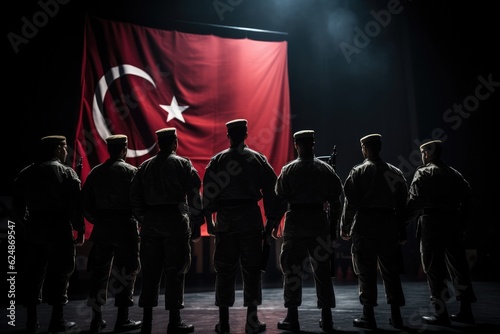 A Group Of Soldiers Stand Backwards Front Of An Turkey Flag . Flag Etiquette, Male Socialization, Military Service, Social Media Influence, Group Dynamics. Generative AI