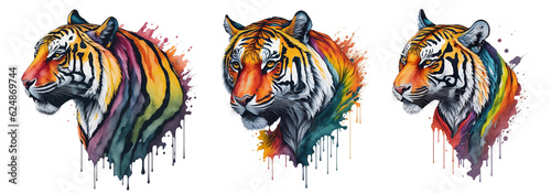 Watercolor Colorful Tiger Collection On A Transparent Or White Background. Abstract Portrait Colorful Tiger