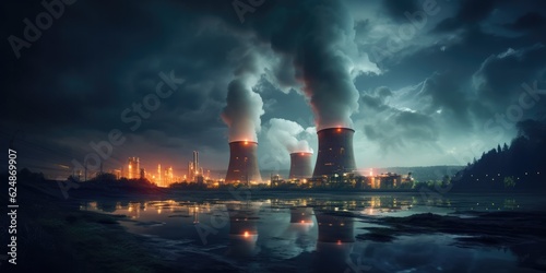 A Nuclear Power With Smoke Pouring Out Of It's Stacks. Air Pollution, Manufacturing, Factory Regulations, Health Hazards, Machines, Waste Management. Generative AI
