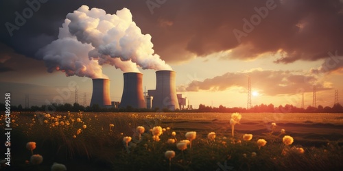 A Nuclear Power With Smoke Coming Out Of It's Stacks. Factory Safety, Pollution, Automation, Working Conditions, Environmental Impact, Energy Sources. Generative AI
