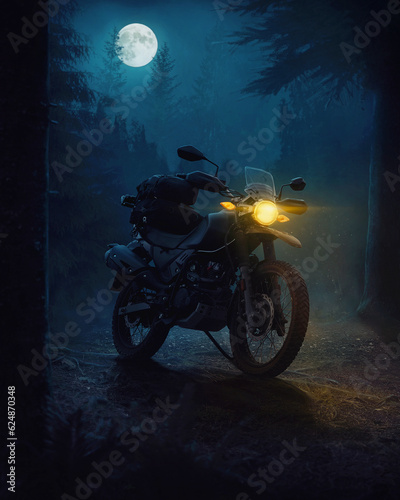 motorcycle in the forest at night