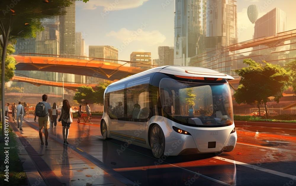Conceptual electric self-driving bus that transports people in the city autonomously and with no emissions. Generative AI