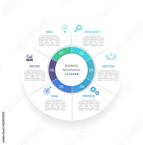 Business infographics line process with template with icons and 6 options or steps.infographics of business,idea,research,meeting,process,goal,report.for infographics design template
