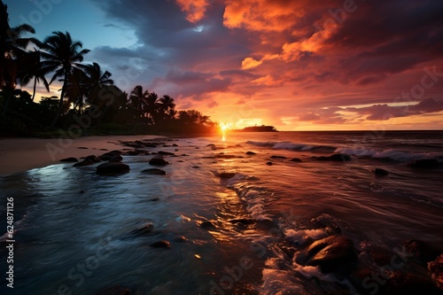 Ein wunderschöner Strand mit Sonnenuntergang, Generative KI © Meadow