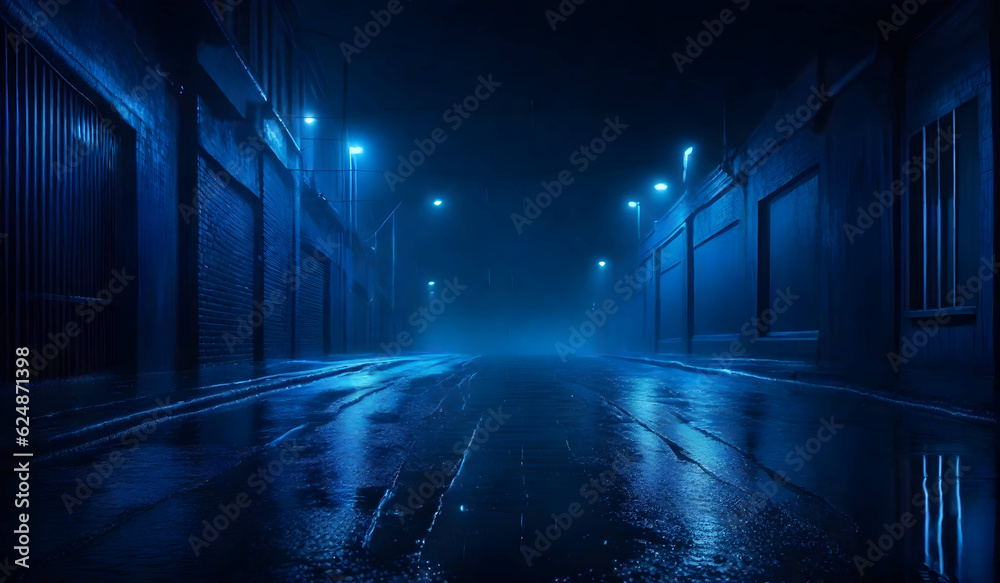 Dark street, wet asphalt abstract dark blue background, empty dark scene, neon light background