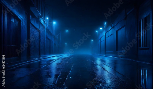 Dark street, wet asphalt abstract dark blue background, empty dark scene, neon light background © anamulhaqueanik