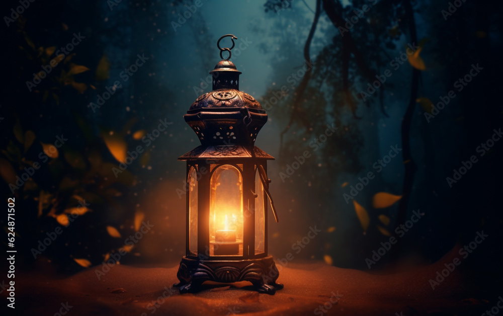 Glowing lantern illuminates dark night with spirituality