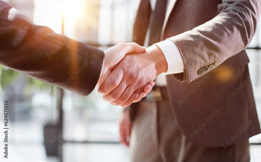 Business shaking hands, finishing up meeting. Successful businessmen handshaking after good deal.