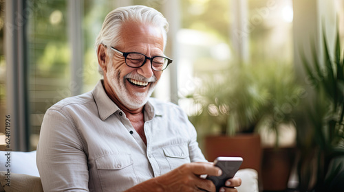 Ein lachender Rentner mit Brille benutzt sein Handy zur Kommunikation, neue Technologien im Alter, verschwommener Hintergrund, Generative AI