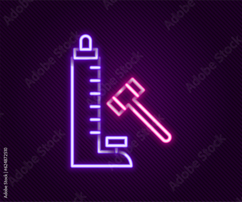 Glowing neon line High striker attraction with big hammer icon isolated on black background. Attraction for measuring strength. Amusement park. Colorful outline concept. Vector