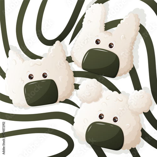 Japanese child onigiri rice balls with nori vector illustration. Onigiri for children with eyes. Traditional asian food. Restaurant, cafe design element. Banner, flyer.