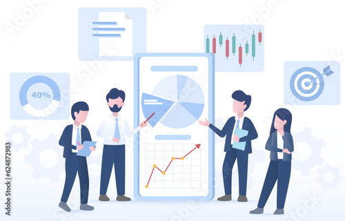 Business ideas. Business people work together with teamwork and strategy. Business people discuss ideas, and share to analyze data and view charts or graphs on smartphone. Vector design illustration.