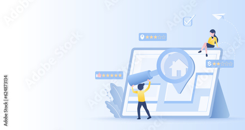 Business people searching for asset property map on online platform. Customer satisfaction survey location, price rating star. Flat vector design illustration with copy space.