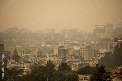 The Ethiopian city of Addis Ababa with heavy haze, smog, and air pollution