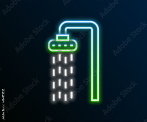 Glowing neon line Shower head with water drops flowing icon isolated on black background. Colorful outline concept. Vector