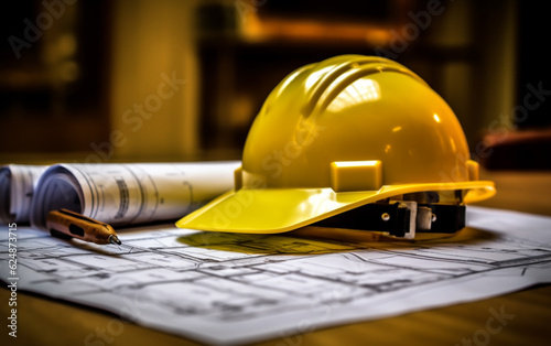 Hand over construction plans with yellow helmet and drawing tool