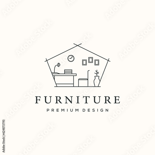 room of study furniture line art logo vector minimalist illustration design, minimalist furnishings logo design