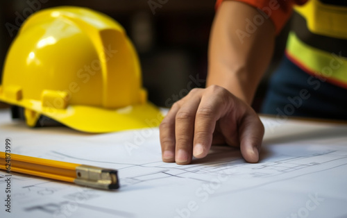 Hand over construction plans with yellow helmet and drawing tool