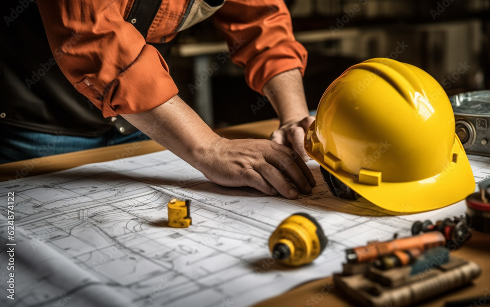 Hand over construction plans with yellow helmet and drawing tool Hand over construction plans with yellow helmet and drawing tool