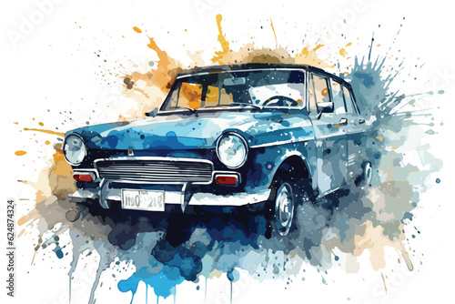 Car Drive watercolor Vintage. Funny cartoon watercolor sketch of old red retro car