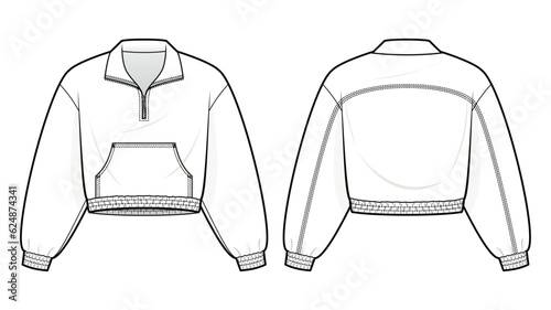 Quarter-Zip Pullover Jacket with kangaroo pocket technical fashion illustration. Jacket vector template illustration. front and back view. drop shoulder. unisex. white color. CAD mockup.