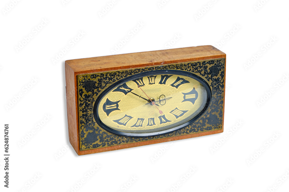 Old, retro, mechanical table clock white background. Old, retro, mechanical table clock white background.