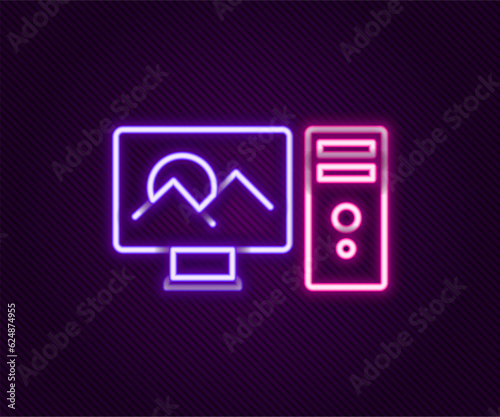 Glowing neon line Photo retouching icon isolated on black background. Photographer, photography, retouch icon. Colorful outline concept. Vector