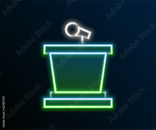 Glowing neon line Stage stand or debate podium rostrum icon isolated on black background. Conference speech tribune. Colorful outline concept. Vector