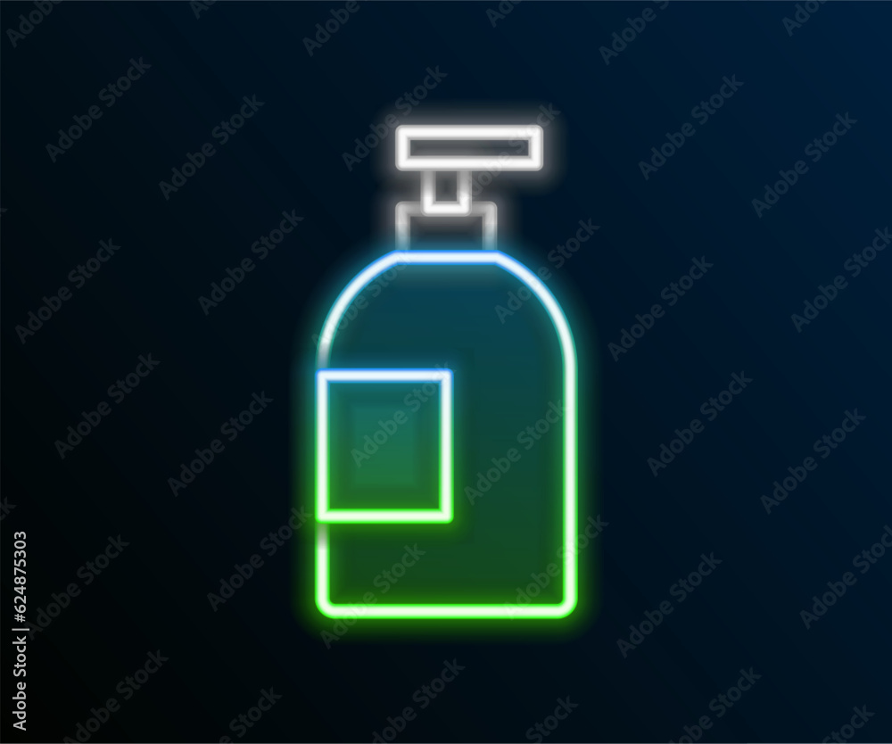 Glowing neon line Dishwashing liquid bottle icon isolated on black background. Liquid detergent for washing dishes. Colorful outline concept. Vector Glowing neon line Dishwashing liquid bottle icon isolated on black background. Liquid detergent for washing dishes. Colorful outline concept. Vector
