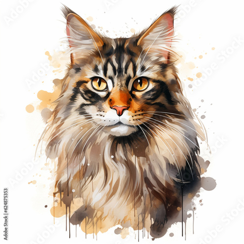 beautiful cat, maine coon, portrait design, photo realistic, painted with watercolor style, AI Generated