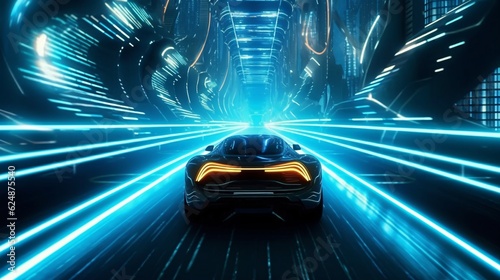 Generative AI. Car driving in neon light