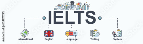 IELTS banner web icon vector for International English Language Testing System with globe, England flag, communication and evaluation. Minimal infographic element.