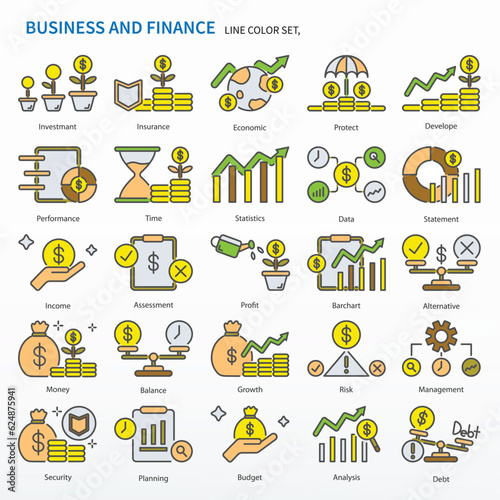 Business and finance icon set - Line color Icons, Editable stroke. Same as Invest, Insurance, Economic, Protect, Develop, Performance, Time, Statistic, Data, Statement, Income, Assessment, Profit etc. photo