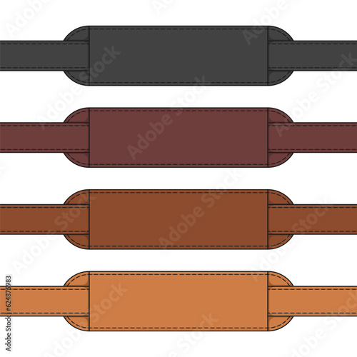 Set of color illustration of leather belt with tag. Isolated vector object on white background.