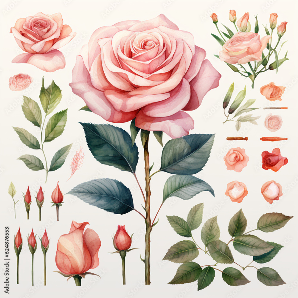 Flower, knolling items sheet, leaves, petals realistic, flat colors, cute simple design, bright soft color, painted with transparent watercolor, AI Generated