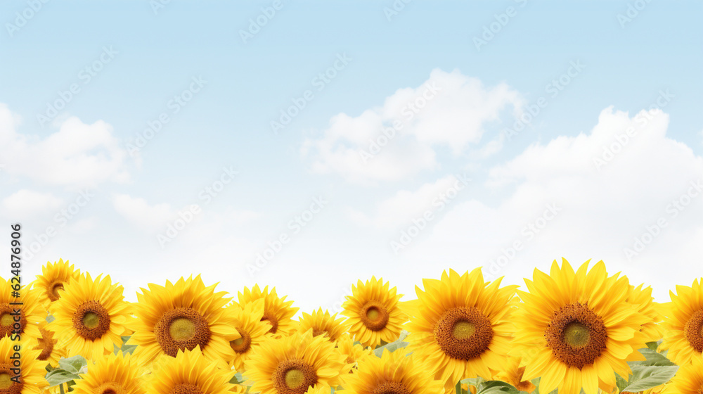 Field of blooming sunflowers in sunshine isolated on