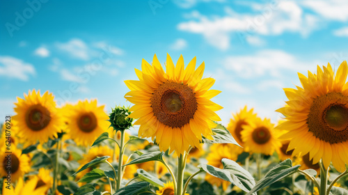 Field of blooming sunflowers in sunshine isolated on