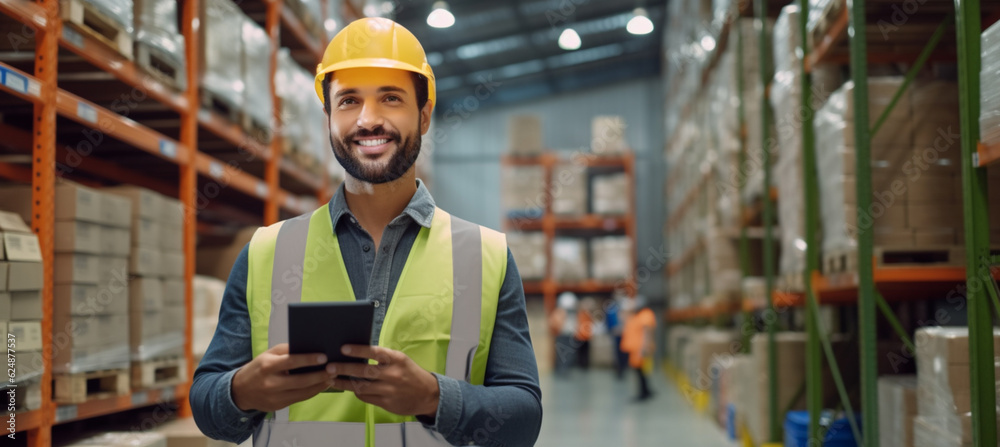 Fototapeta premium Handsome Male Worker Wearing Hard Hat Holding Digital Tablet Computer