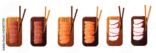 Vector Illustration of sashimi served on plate and wooden plate. Set of sashimi include salmon, octopus, meat. Asian food. Restaurant, cafe design element. Banner, flyer.  