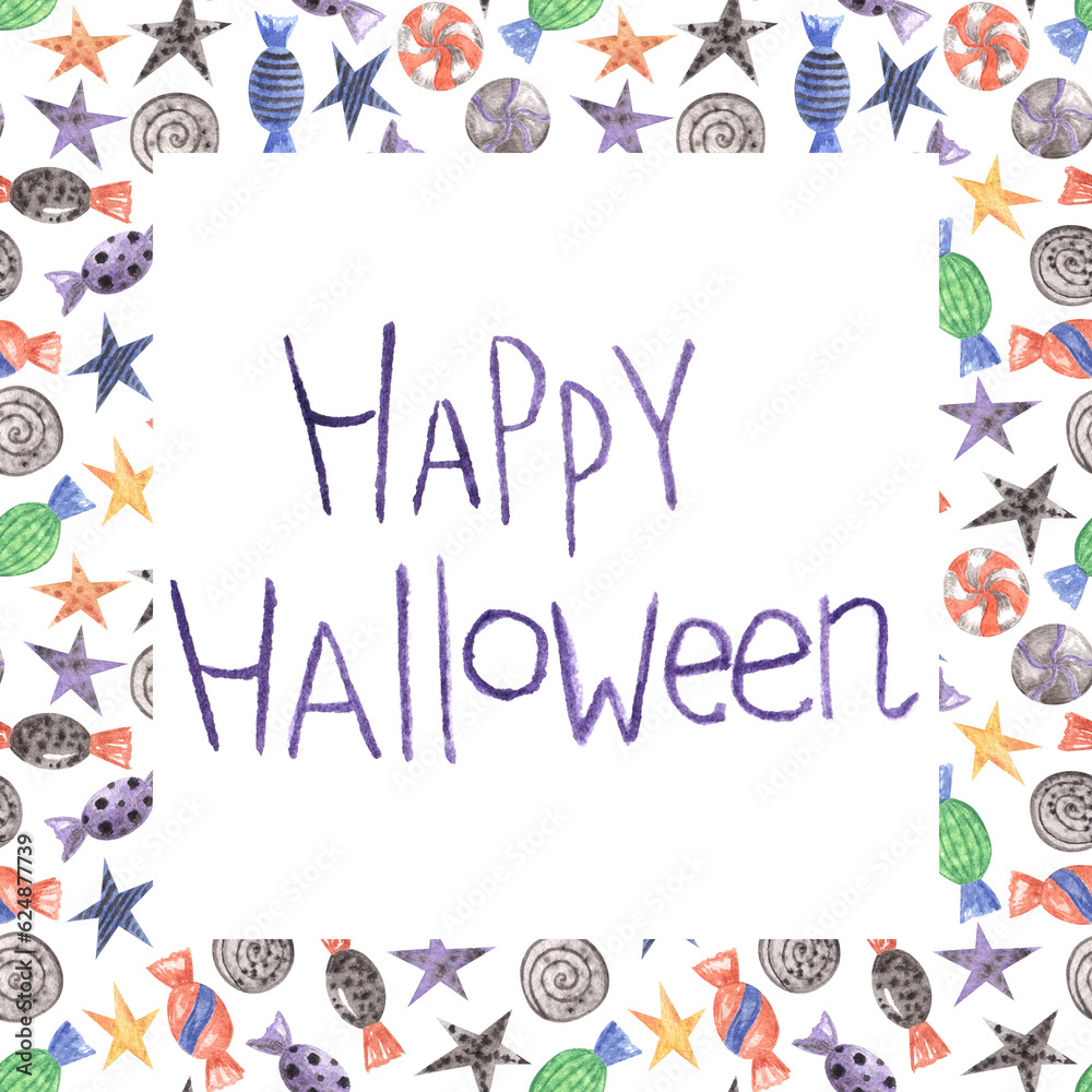 Watercolor frame with lots of different halloween party candies in orange, black, violet colors.Handwritten words Watercolor frame with lots of different halloween party candies in orange, black, violet colors.Handwritten words