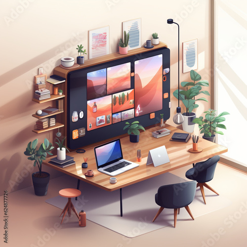 Workplace Design, Colorful UI, Network Connection, video conferencing system, on laptop, PC, Mac AI Generated © AlexCaelus