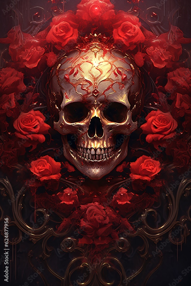 Generative Ai. Gothic painting skull in roses