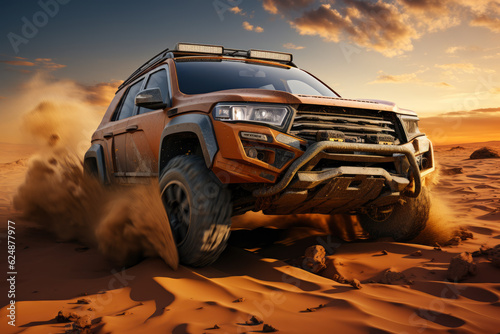 Off-road rally in the desert in a four-wheel drive SUV, AI Generated © staras
