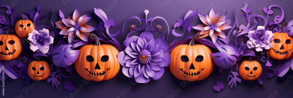 paper cut style Halloween banner with pumpkin jack o lantern and flowers in orange and purple color, AI generated paper cut style Halloween banner with pumpkin jack o lantern and flowers in orange and purple color, AI generated