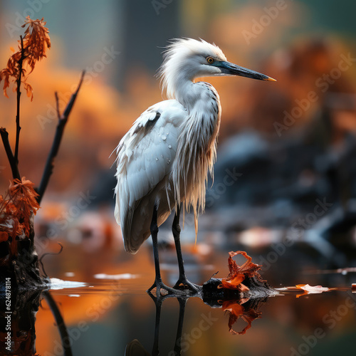 an egret is standing in lake, foggy forest, close look, wallpaper background image photo