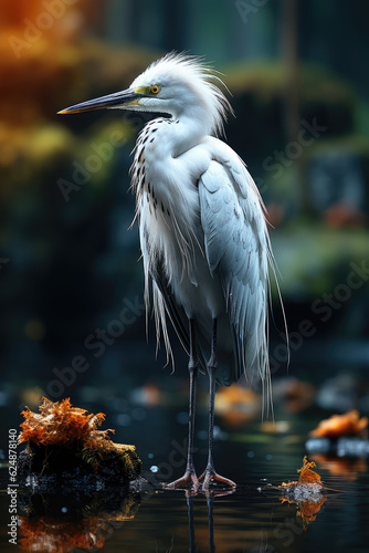 an egret is standing in lake, foggy forest, close look, wallpaper background image photo