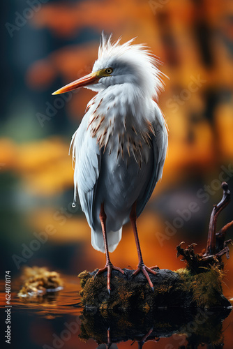 an egret is standing in lake, foggy forest, close look, wallpaper background image photo
