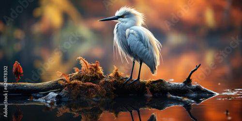 an egret is standing in lake, foggy forest, close look, wallpaper background image photo