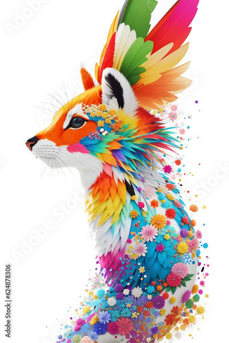 Discover the whimsical charm of a fox-like creature adorned with vibrant flowers, intricate mail, and a crown of parrot feathers. This enchanting image captures nature's beauty and creativity in a cap