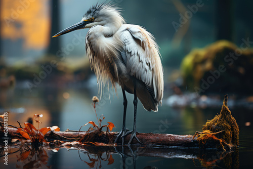 an egret is standing in lake, foggy forest, close look, wallpaper background image photo